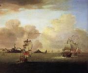Monamy, Peter British men-o-war and a merchantman off Elizabeth Castle,Jersey oil on canvas